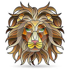 An illustration in the style of a stained glass window with a portrait of a lion, muzzle isolated on a white background