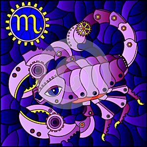 Stained glass illustration with an illustration of the steam punk sign of the horoscope scorpio, tone blue