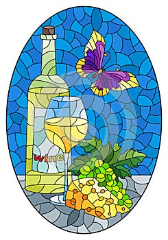 Stained glass illustration with a still life with a bottle of wine, cheese and grapes, a still life on a blue background, a oval i
