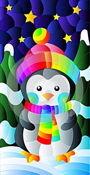 Illustration in the style of a stained glass window on the theme of New Year holidays , cute penguin