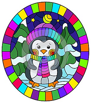 Illustration in the style of a stained glass window on the theme of New Year holidays , cute penguin