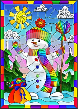 Sklo ilustrácie na tému z dovolenka veselý návrh maľby snehuliak v klobúk šatka proti 
