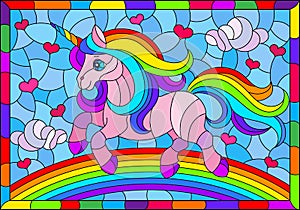 Illustration in the style of stained glass with winged bright rainbow cartoon unicorn against a cloudy blue sky and rainbow, in br