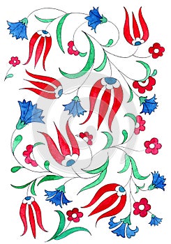 Illustration in the style of traditional Ottoman patterns. Watercolor tulip and carnation on white background