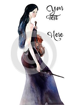 illustration in the style of watercolor with a beautiful girl with a violin