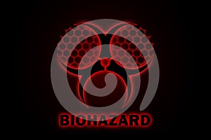 Illustration of a stylized biohazard sign inverted with a red glow effect on a black background and the word. The illustration res