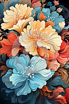 Illustration of stylized blossoms in warm and cool hues with intricate details