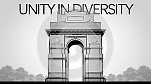 Illustration of A stylized depiction of India Gate with a theme of unity in diversit, Generative ai