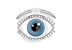 Illustration of a stylized eye with a blue iris and black pupil on a