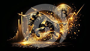 illustration of a stylized geometric metal bull in dynamic pose, with symbol bitcoin on black background