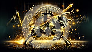 illustration of a stylized geometric metal bull in dynamic pose, with symbol bitcoin on black background