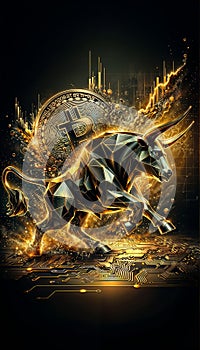 illustration of a stylized geometric metal bull in dynamic pose, with symbol bitcoin on black background