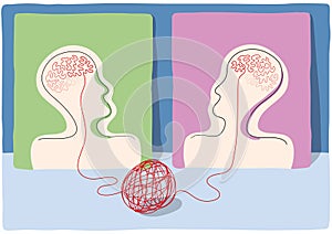 Surreal drawing of profile heads with wire in shape of brain, tied with thread