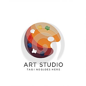 Illustration of a stylized painter's palette featuring an array of paint blobs in hues of