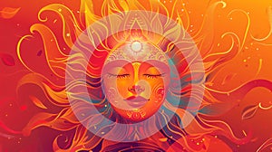 Illustration with a stylized sun with a serene face