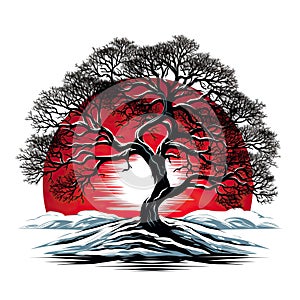 Illustration of a stylized tree with a red sun in the background. Silhouette of a tree against the background of sunset.