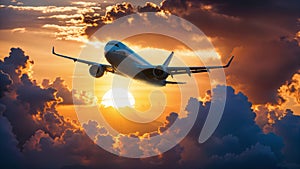 Illustration on the subject of airplane passenger transportation and travel with beautiful sunset. AI generated