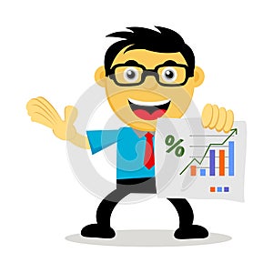 Illustration of Successful businessman or employee in cartoon with glasses doing presentation and holding paper report