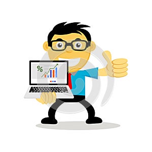 Illustration of Successful businessman or employee doing presentation and holding laptop reporting for the growing sales chart