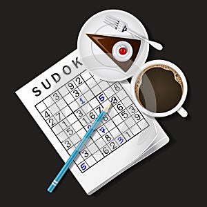 Illustration of Sudoku game, mug of coffee and chocolate cake