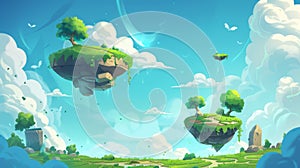 Illustration of a summer fantasy landscape with grass floating on the ground among clouds. Cartoon modern illustration