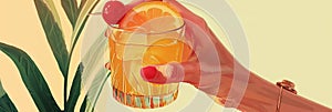illustration of summer orange cocktail in a woman\'s hand on a bright background