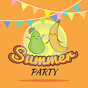 Illustration of Summer Party poster cartoon design with cute pear and banana characters, Childrens postcard, Healthy Lifestyle