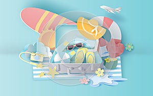 Illustration of summer season sunset with suitcase concept,travel for swimming decoration. Holiday for Equipment playing relax.