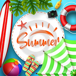 Summer time banner design with white circle for text and beach elements in blue background