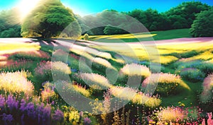 illustration with summer time fields of multicolored flowers, trees under a sunny blue sky