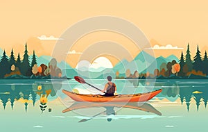 illustration of summer water sports kayaking in a quiet river Surrounded by lush greenery. AI Generative