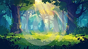 Illustration of summer woods landscape with sunshine beams. Jungle panorama with green lawn. Sunny glade with green