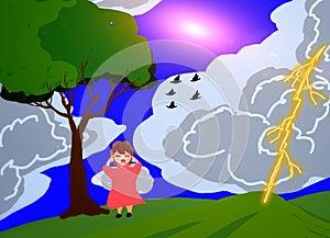 Illustration Of Sun And Cloud With Thunder, And A  Girl Scare .