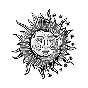 Illustration sun moon star human faces retro vintage vector folklore