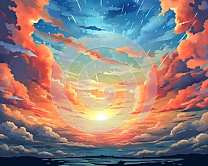an illustration of the sun setting over the ocean with clouds in the background