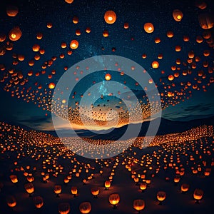 Illustration of sunset and hanging hundreds of Chinese lanterns. Chinese New Year celebrations