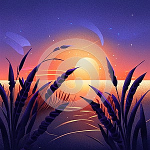 Illustration of a sunset over a field with reeds and grass. AI Generated