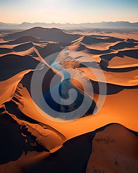 Illustration of sunset over the sand dunes in the desert.