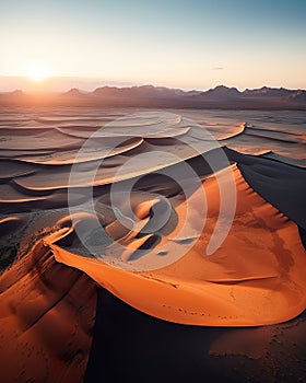 Illustration of sunset over the sand dunes in the desert.