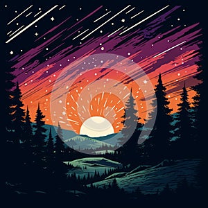 an illustration of a sunset with pine trees and stars