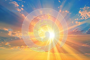 Sunset sky background with tiny clouds and bright sunbeams