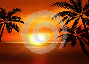 Illustration of sunset view in beach with palm tree. Tropical landscape