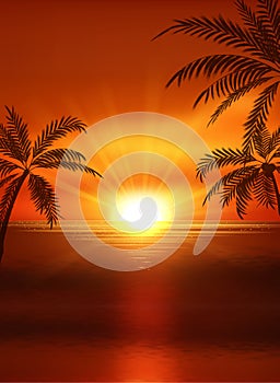 Illustration of sunset view in beach with palm tree. Tropical landscape