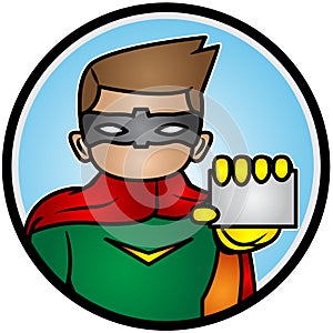 Illustration of a superhero showing card