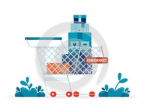 Illustration of supermarket or online shop shopping cart contains pile of package boxes and checkout text sign. Can be used for