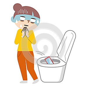 Illustration of a surprised woman dropping a mobile phone in the toilet on a white background