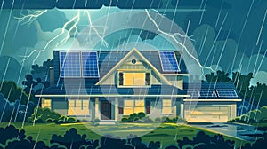 Illustration of a sustainable house with solar panels on the roof facing a dramatic thunderstorm