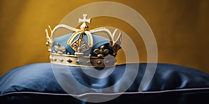 Illustration of Swedish Royal Crown on pillow on swedish flag colours background. Symbols of Sweden monarchy. Generative AI