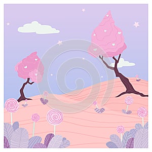 Illustration of sweet meadow with sugar trees and growing caramels.