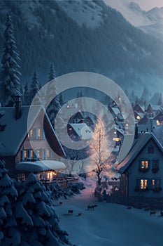 Illustration of Swill Alps village with Christmas lights at winter night with mountains at the background. AI generated